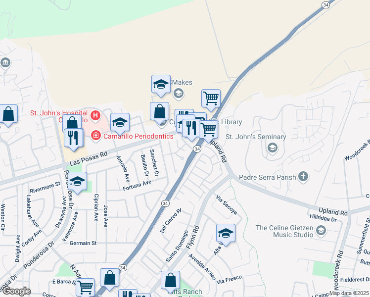 map of restaurants, bars, coffee shops, grocery stores, and more near 2250 Placita San Dimas in Camarillo