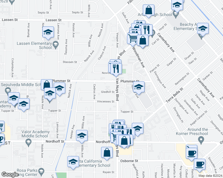 map of restaurants, bars, coffee shops, grocery stores, and more near 14619 Gledhill Street in Los Angeles
