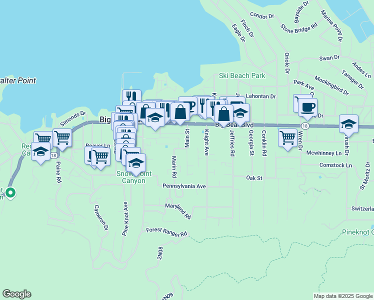 map of restaurants, bars, coffee shops, grocery stores, and more near 610 Main Street in Big Bear Lake