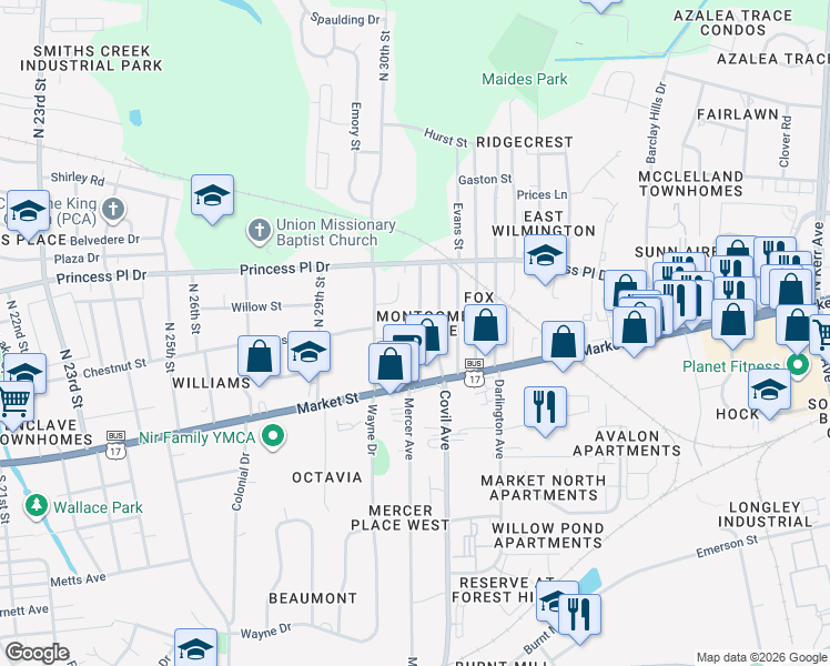 map of restaurants, bars, coffee shops, grocery stores, and more near 113 North 31st Street in Wilmington