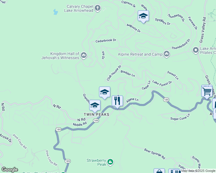 map of restaurants, bars, coffee shops, grocery stores, and more near 629 Lodge Lane in Lake Arrowhead