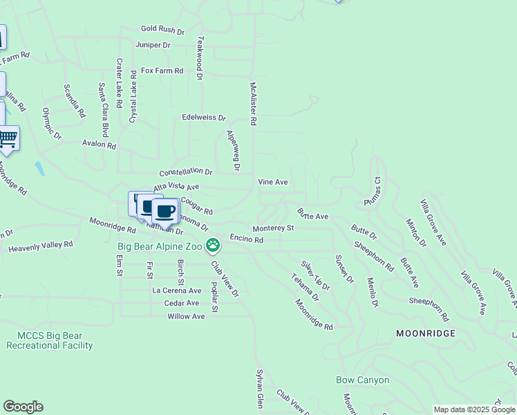 map of restaurants, bars, coffee shops, grocery stores, and more near 574 Lucerne Drive in Big Bear Lake