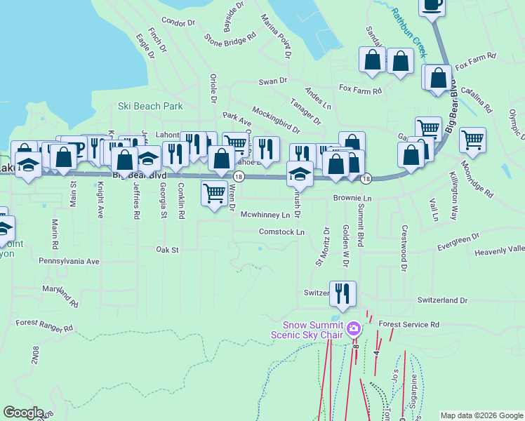 map of restaurants, bars, coffee shops, grocery stores, and more near 41602 Mcwhinney Lane in Big Bear Lake