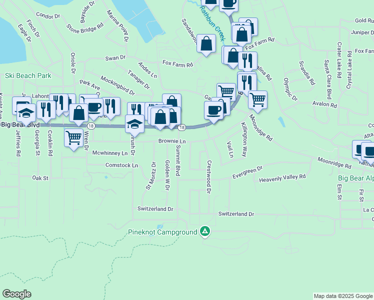 map of restaurants, bars, coffee shops, grocery stores, and more near 582 Ponderosa Drive in Big Bear Lake