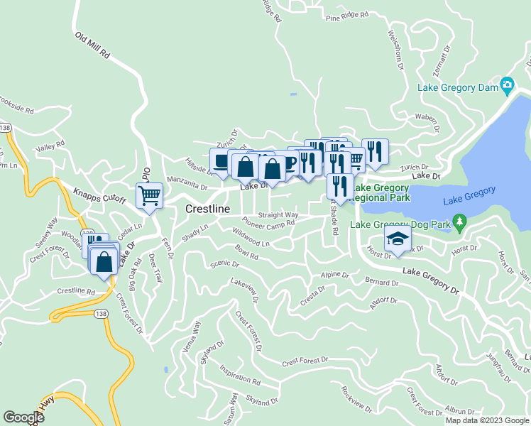 map of restaurants, bars, coffee shops, grocery stores, and more near 23888 Straight Way in Crestline