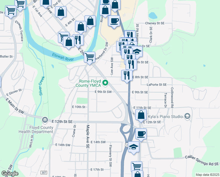 map of restaurants, bars, coffee shops, grocery stores, and more near 814 East 2nd Avenue in Rome