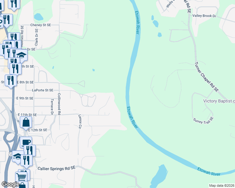 map of restaurants, bars, coffee shops, grocery stores, and more near 10 Overhill Road Southeast in Rome