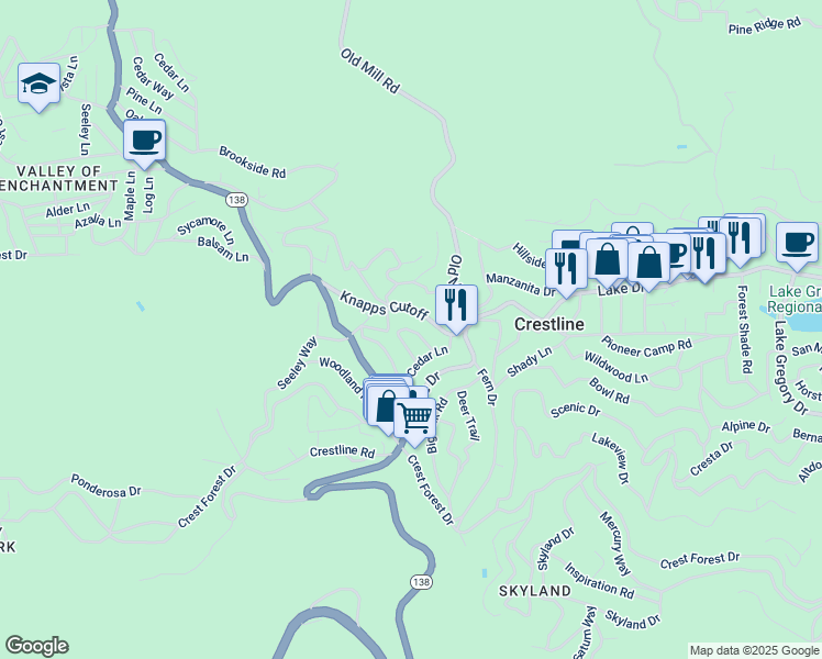 map of restaurants, bars, coffee shops, grocery stores, and more near 670 Knoll Dr in Crestline