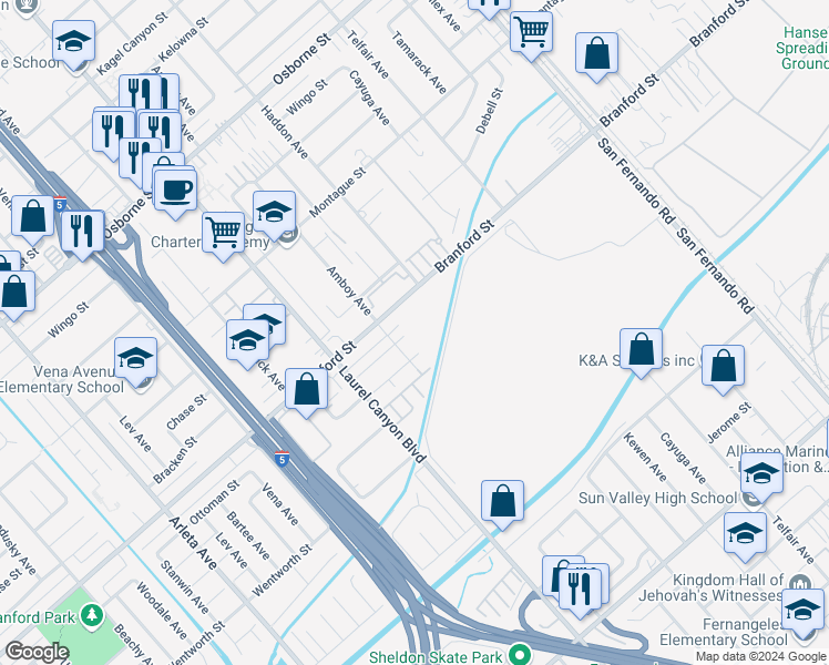 map of restaurants, bars, coffee shops, grocery stores, and more near 12734 Branford Street in Los Angeles