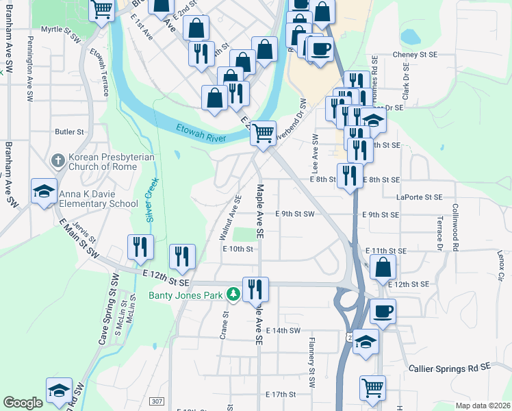 map of restaurants, bars, coffee shops, grocery stores, and more near 818 Maple Avenue Southwest in Rome