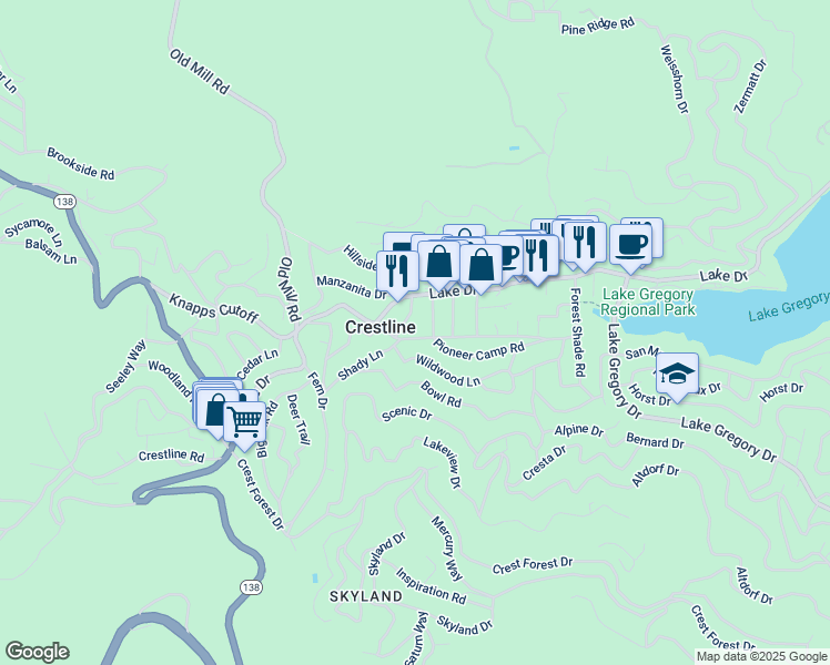 map of restaurants, bars, coffee shops, grocery stores, and more near 23794 Pioneer Camp Road in Crestline