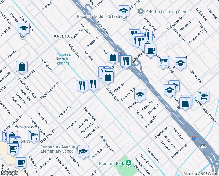 map of restaurants, bars, coffee shops, grocery stores, and more near 9454 Arleta Avenue in Los Angeles