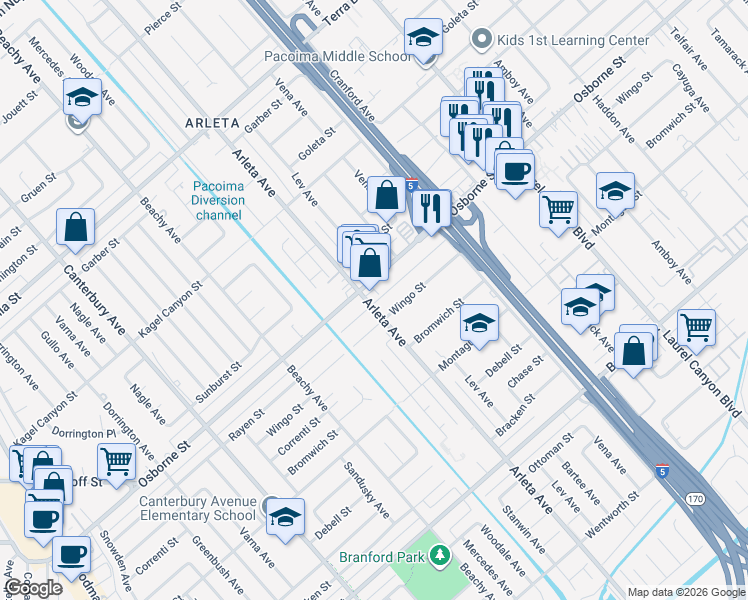 map of restaurants, bars, coffee shops, grocery stores, and more near in Los Angeles