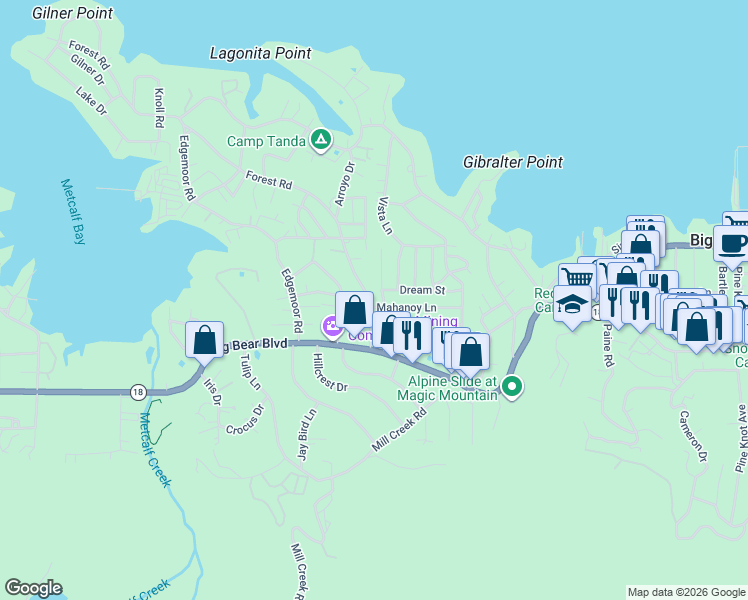map of restaurants, bars, coffee shops, grocery stores, and more near 40104 Mahanoy Lane in Big Bear Lake