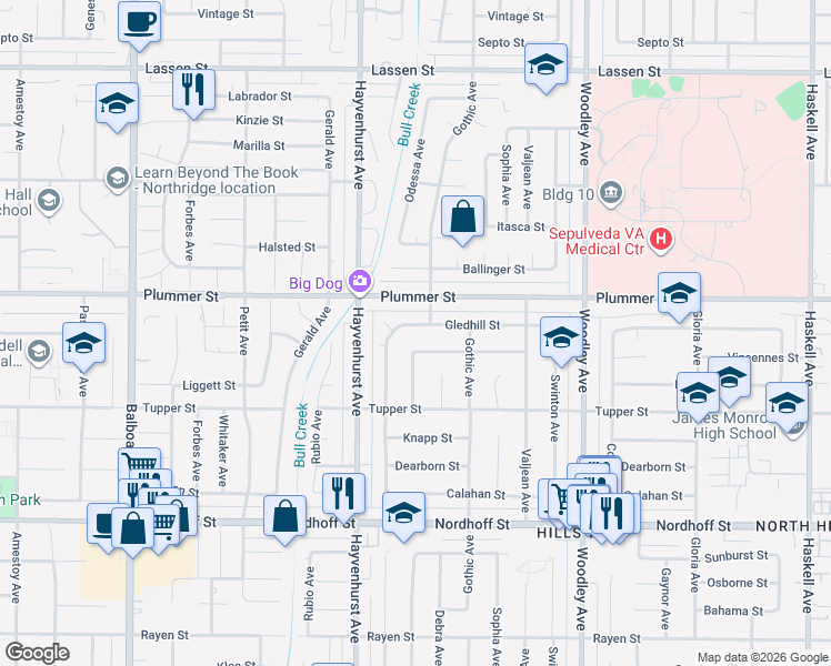 map of restaurants, bars, coffee shops, grocery stores, and more near 16462 Gledhill Street in Los Angeles