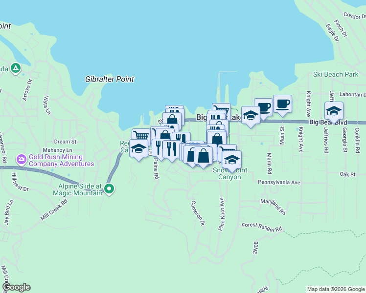 map of restaurants, bars, coffee shops, grocery stores, and more near 593 Lynn Road in Big Bear Lake