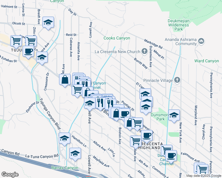 map of restaurants, bars, coffee shops, grocery stores, and more near 3830 Los Olivos Lane in Glendale