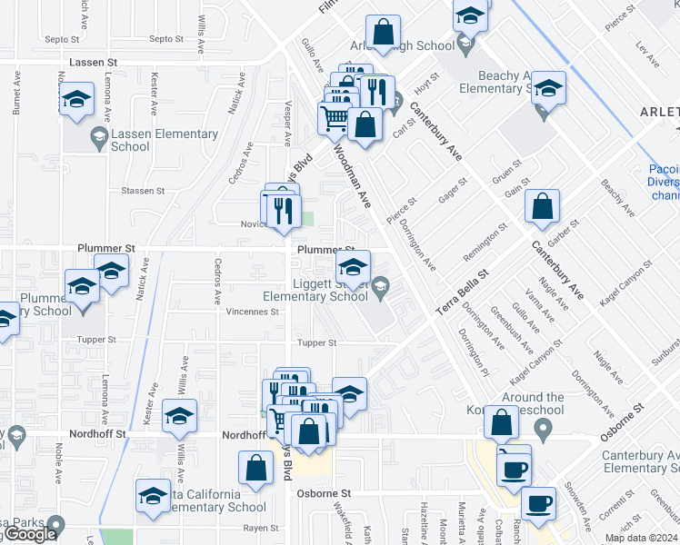 map of restaurants, bars, coffee shops, grocery stores, and more near 9442 Sylmar Avenue in Los Angeles