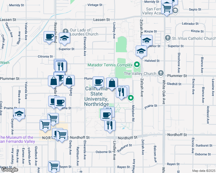 map of restaurants, bars, coffee shops, grocery stores, and more near 18184 Plummer Street in Los Angeles