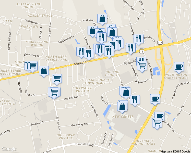 map of restaurants, bars, coffee shops, grocery stores, and more near 5126 Lamppost Circle in Wilmington