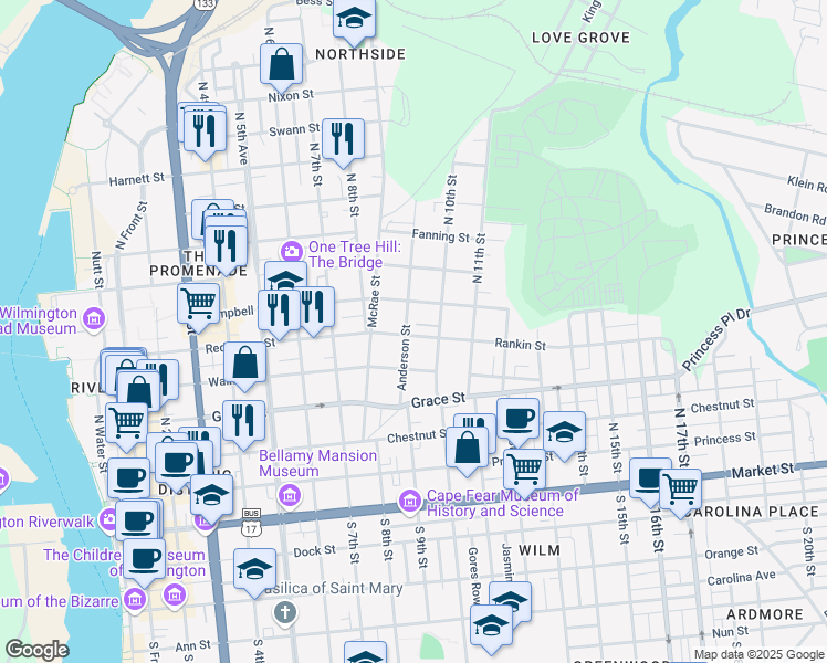 map of restaurants, bars, coffee shops, grocery stores, and more near 507 Anderson Street in Wilmington