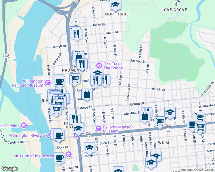 map of restaurants, bars, coffee shops, grocery stores, and more near 507 North 7th Street in Wilmington