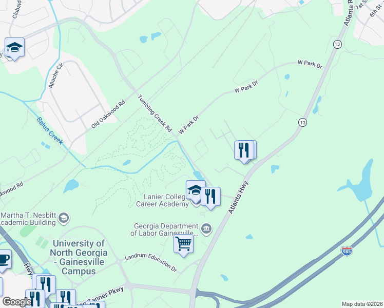 map of restaurants, bars, coffee shops, grocery stores, and more near 3326 Campus Pointe Circle in Gainesville