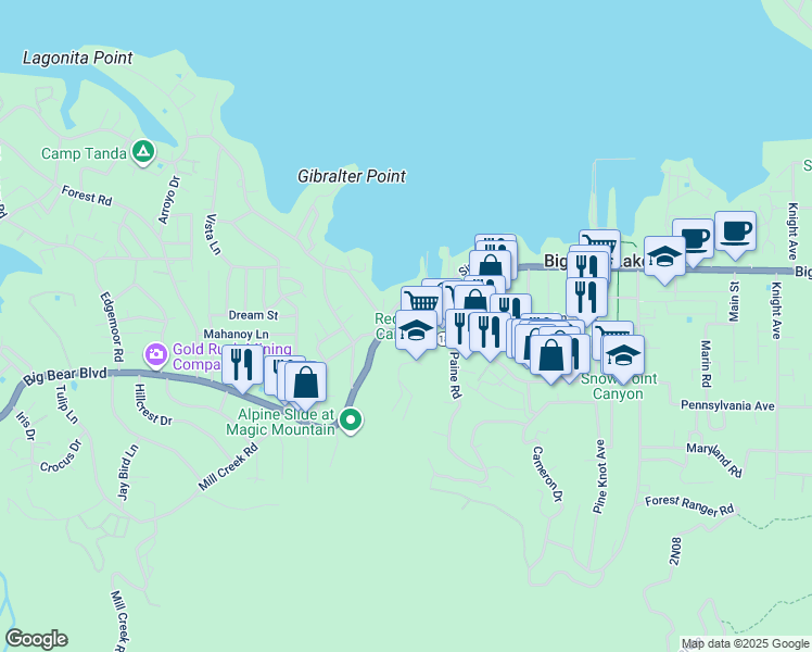 map of restaurants, bars, coffee shops, grocery stores, and more near 40717 Lakeview Drive in Big Bear Lake