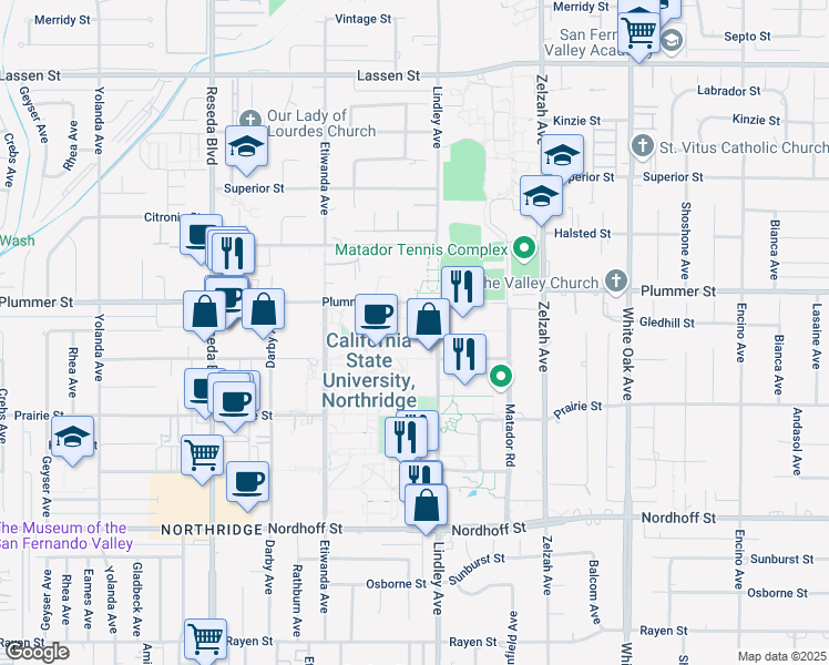 map of restaurants, bars, coffee shops, grocery stores, and more near Cal State University Northridge in Los Angeles