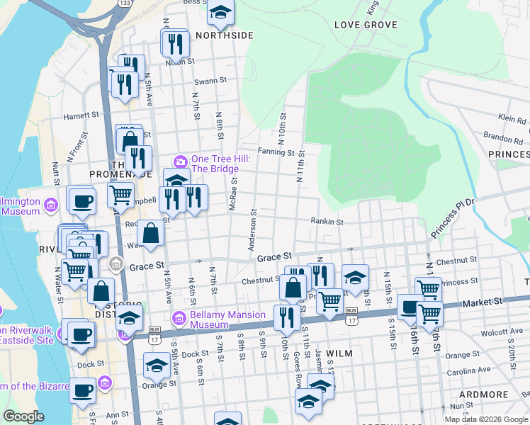 map of restaurants, bars, coffee shops, grocery stores, and more near 915 Rankin Street in Wilmington
