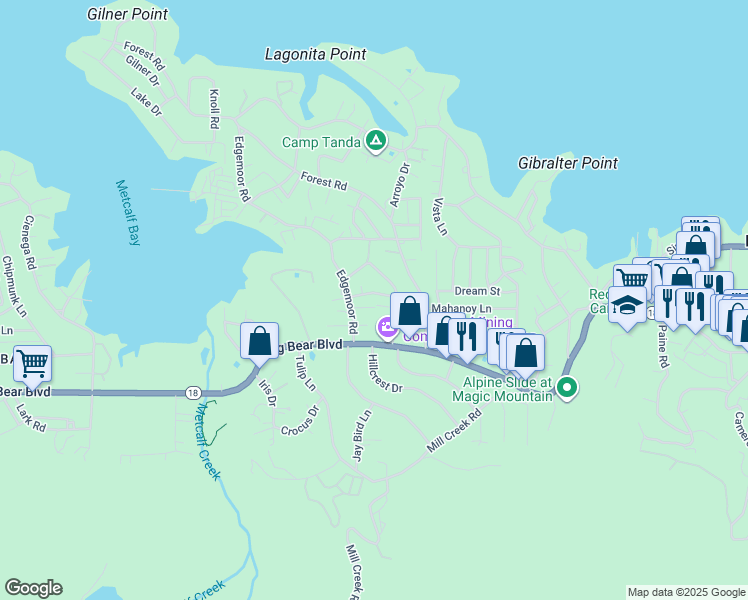 map of restaurants, bars, coffee shops, grocery stores, and more near 39997 Glenview Road in Big Bear Lake