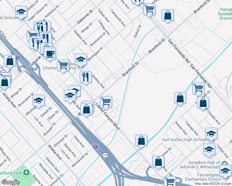 map of restaurants, bars, coffee shops, grocery stores, and more near 12734 Branford Street in Los Angeles