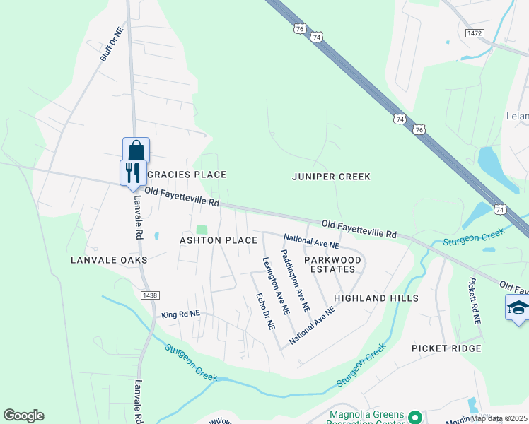 map of restaurants, bars, coffee shops, grocery stores, and more near 1257 Old Fayetteville Road in Leland