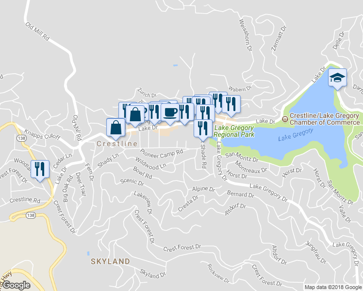 map of restaurants, bars, coffee shops, grocery stores, and more near 23988 Straight Way Road in Crestline