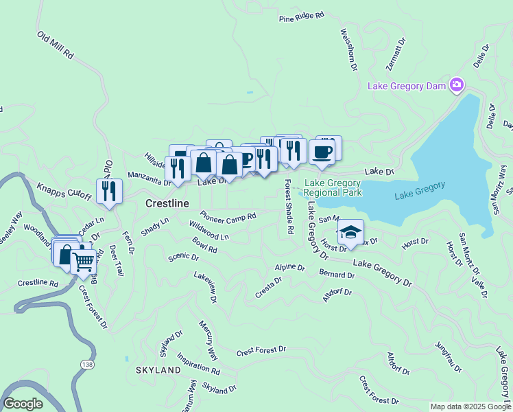 map of restaurants, bars, coffee shops, grocery stores, and more near 23984 Straight Way in Crestline