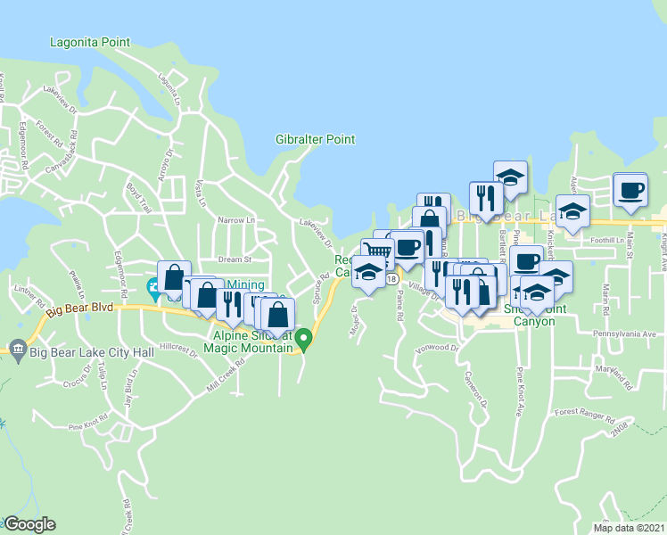 map of restaurants, bars, coffee shops, grocery stores, and more near 598 Spruce Road in Big Bear Lake