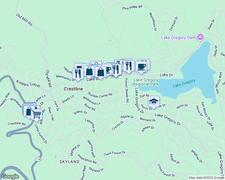map of restaurants, bars, coffee shops, grocery stores, and more near 23984 Straight Way in Crestline