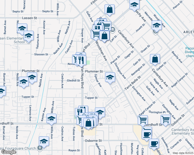 map of restaurants, bars, coffee shops, grocery stores, and more near 9442 Sylmar Avenue in Los Angeles