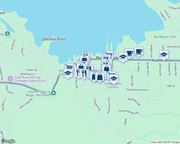 map of restaurants, bars, coffee shops, grocery stores, and more near 593 Lynn Road in Big Bear Lake