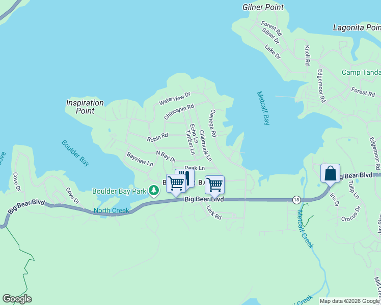 map of restaurants, bars, coffee shops, grocery stores, and more near 612 Timber Lane in Big Bear Lake