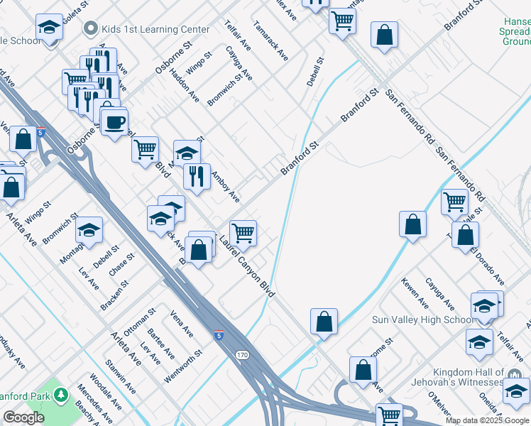 map of restaurants, bars, coffee shops, grocery stores, and more near 12734 Branford Street in Los Angeles