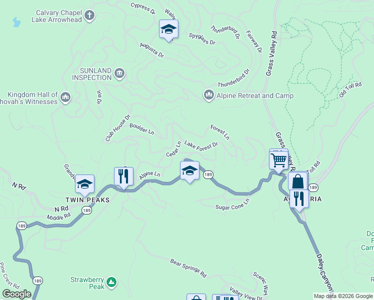 map of restaurants, bars, coffee shops, grocery stores, and more near 26370 Alpine Lane in Lake Arrowhead