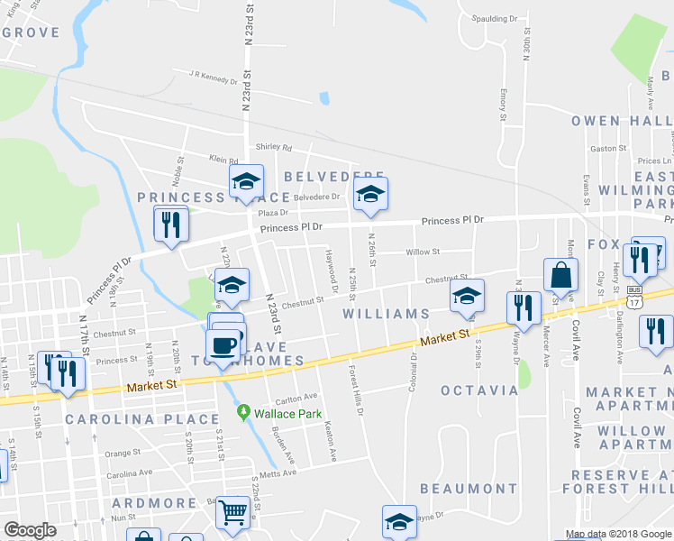 map of restaurants, bars, coffee shops, grocery stores, and more near 106 Haywood Drive in Wilmington
