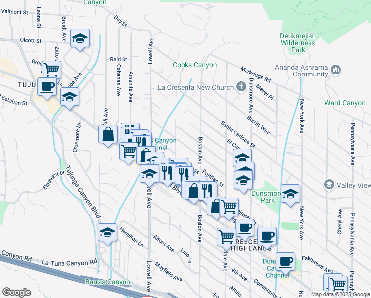 map of restaurants, bars, coffee shops, grocery stores, and more near 3830 Los Olivos Lane in Glendale