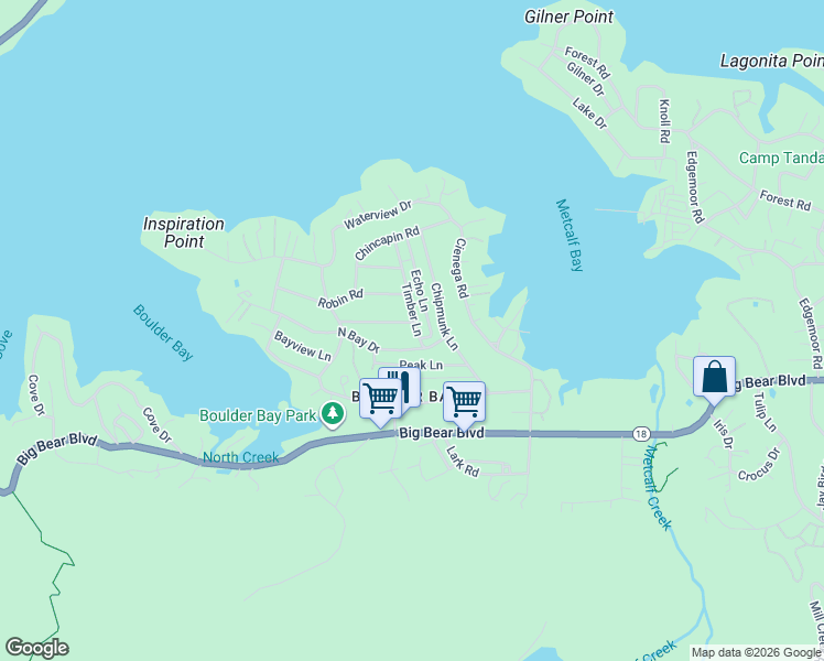 map of restaurants, bars, coffee shops, grocery stores, and more near 612 Timber Lane in Big Bear Lake