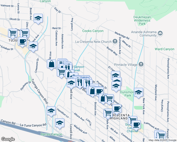 map of restaurants, bars, coffee shops, grocery stores, and more near 3830 Los Olivos Lane in Glendale