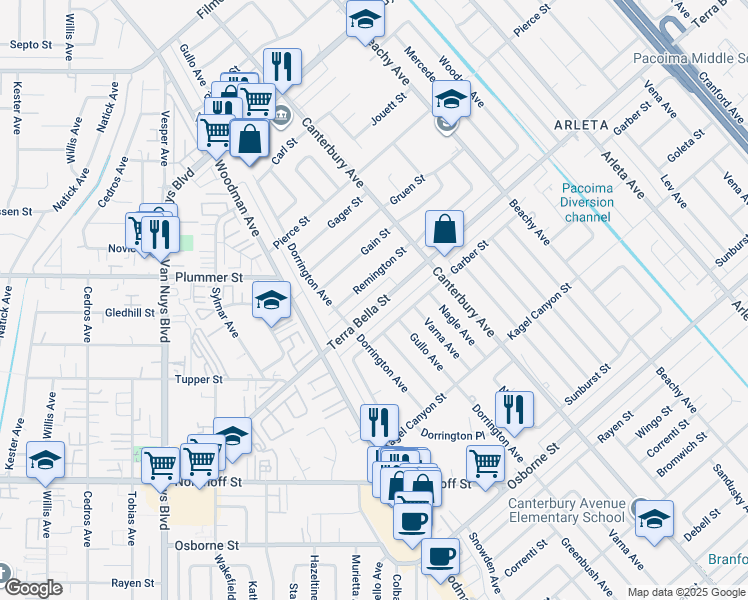 map of restaurants, bars, coffee shops, grocery stores, and more near 14143 Terra Bella Street in Los Angeles