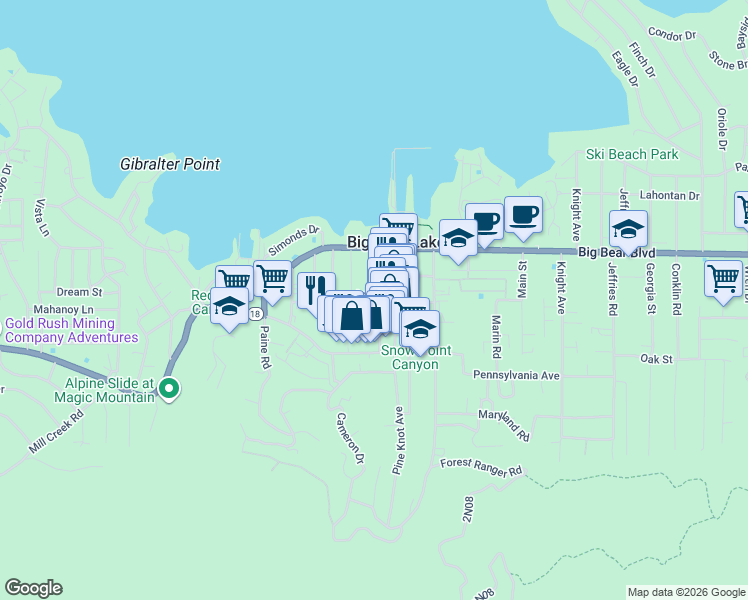 map of restaurants, bars, coffee shops, grocery stores, and more near 590 Bartlett Road in Big Bear Lake