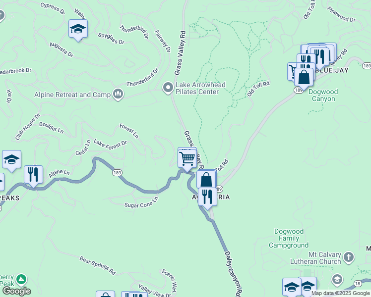 map of restaurants, bars, coffee shops, grocery stores, and more near 612 Karenken Pines Drive in Lake Arrowhead