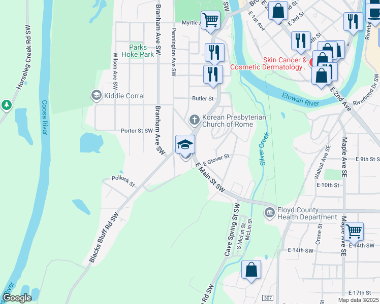 map of restaurants, bars, coffee shops, grocery stores, and more near 3 Wimpee Street Southwest in Rome